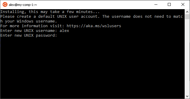 Настройка Ubuntu 18.04 для Windows 10: ввод пароля