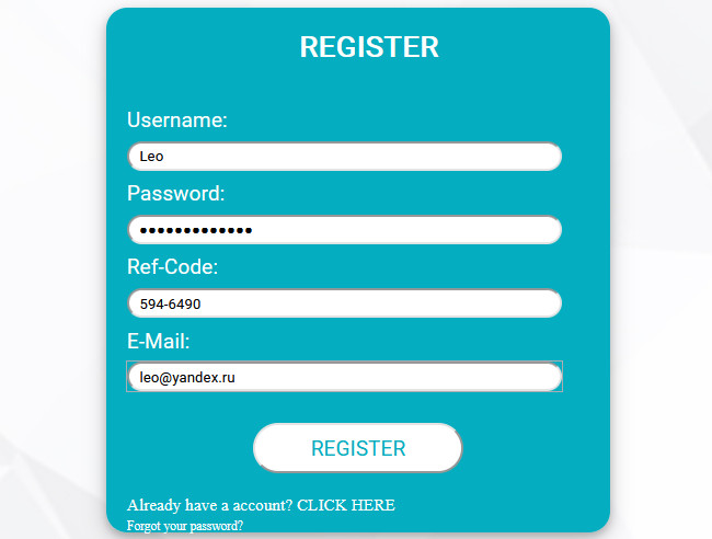 Страница регистрации MeaTec