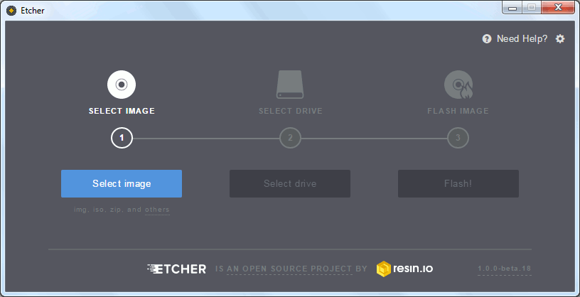 Главное окно программы Etcher для записи образа диска на SD-карту