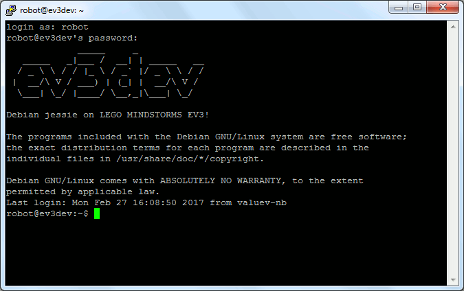 Успешный вход в ev3dev через SSH в программе PuTTY