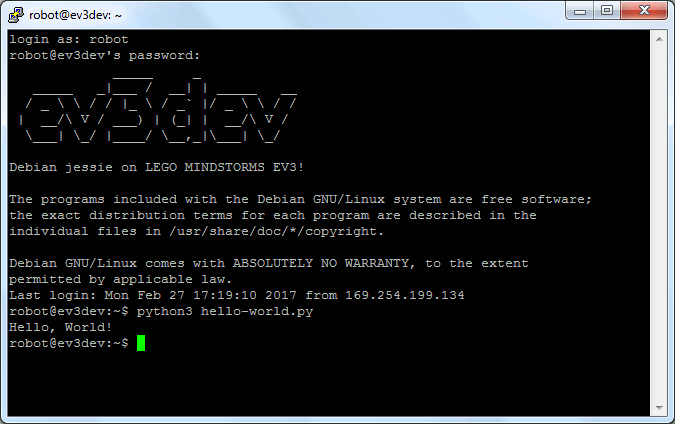 Выполнение программы на ev3dev, написанной на питоне, через программу PuTTY