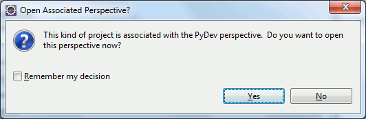 Предложение открыть перспективу PyDev в Eclipse